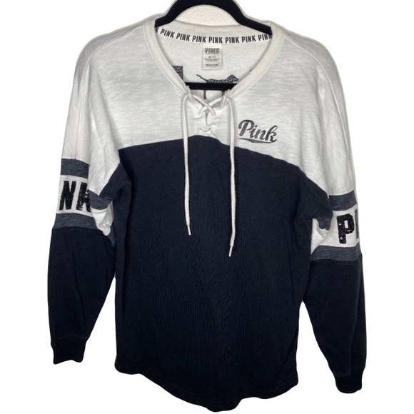 Victorias Secret PINK Bling Sequin Pure Black Triumph White Lace Up Varsity Crew - Picture 4 of 14
